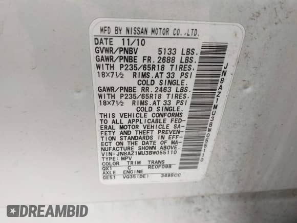 2011 Nissan Murano SV with VIN JN8AZ1MU3BW055110, listed as a IAAI auction lot 43336441 with 194,043 mi miles and . Bid and sale history available at DreamBid. Image 9.