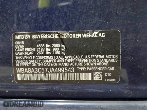 2018 BMW 3 Series 320i xDrive z VIN WBA8A3C57JA499543, wystawiony jako IAAI lot #43032701 z przebiegiem 221 751 mil mil oraz . Historia ofert i sprzedaży dostępna na DreamBid. Obrazek 9.