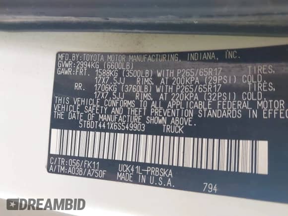 2006 Toyota Tundra SR5 with VIN 5TBDT441X6S549903, listed as a IAAI auction lot 43384170 with 303,388 mi miles and . Bid and sale history available at DreamBid. Image 9.