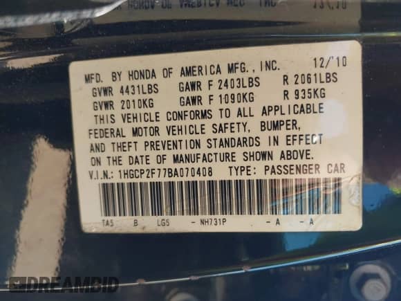 2011 Honda Accord EX z VIN 1HGCP2F77BA070408, wystawiony jako IAAI lot #43062964 z przebiegiem 303 014 mil mil oraz . Historia ofert i sprzedaży dostępna na DreamBid. Obrazek 9.