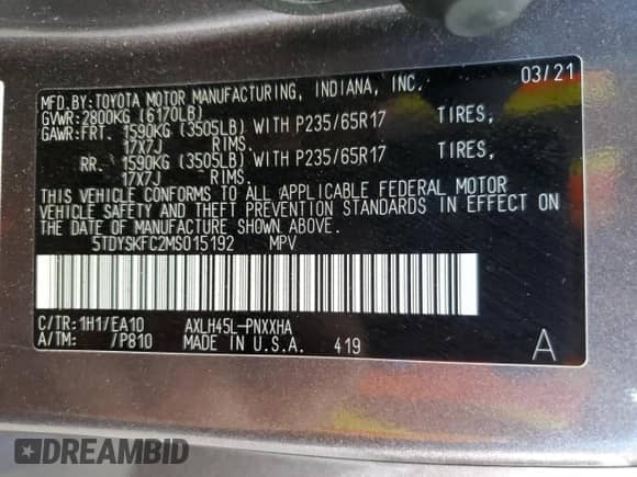 2021 Toyota Sienna XLE with VIN 5TDYSKFC2MS015192, listed as a Copart auction lot 85126635 with 37,552 mi miles and Salvage title. Bid and sale history available at DreamBid. Image 13.