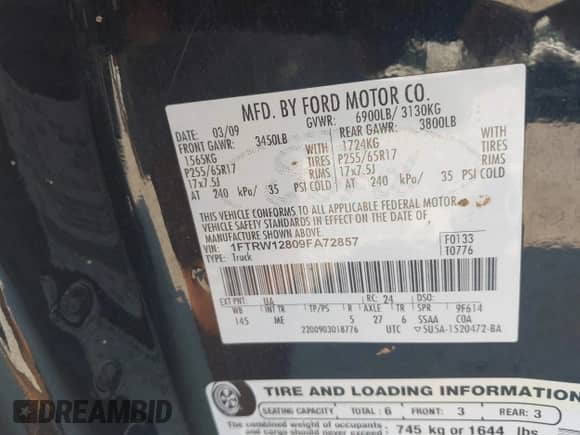 2009 Ford F-150 XL with VIN 1FTRW12809FA72857, listed as a IAAI auction lot 42571300 with 194,316 mi miles and . Bid and sale history available at DreamBid. Image 9.