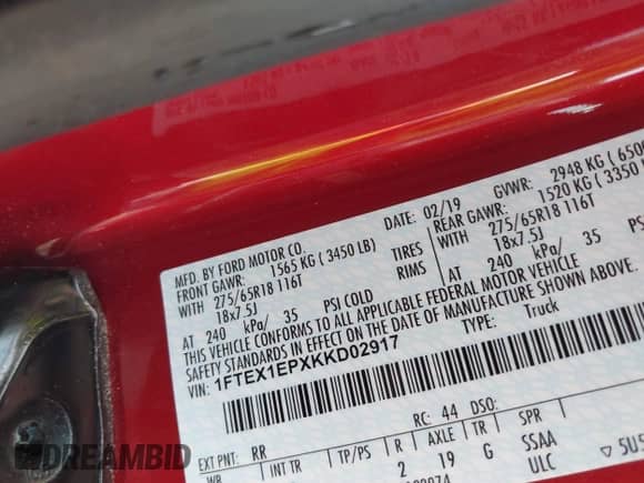 2019 Ford F-150 XL with VIN 1FTEX1EPXKKD02917, listed as a IAAI auction lot 43147307 with 20,628 mi miles and . Bid and sale history available at DreamBid. Image 9.