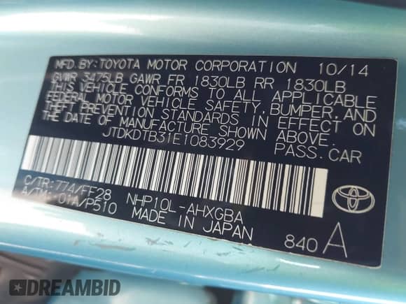 2014 Toyota Prius One z VIN JTDKDTB31E1083929, wystawiony jako IAAI lot #43433102 z przebiegiem 113 003 mil mil oraz . Historia ofert i sprzedaży dostępna na DreamBid. Obrazek 9.