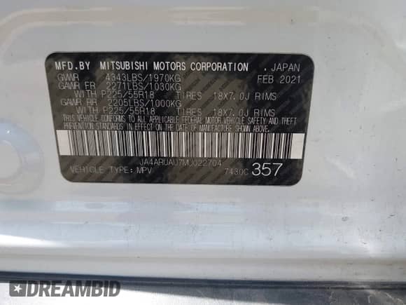 2021 Mitsubishi Outlander ES с VIN JA4ARUAU7MU022704, выставлен на аукционе IAAI как лот 42801621 с пробегом 106 190 миль миль и . История ставок и продаж доступна на DreamBid. Изображение 9.
