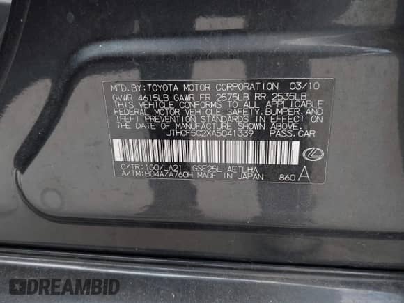 2010 Lexus IS 250 z VIN JTHCF5C2XA5041339, wystawiony jako IAAI lot #43013906 z przebiegiem 210 866 mil mil oraz . Historia ofert i sprzedaży dostępna na DreamBid. Obrazek 9.