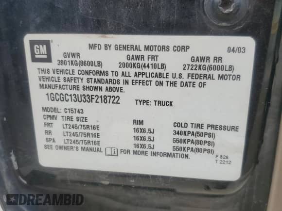 2003 Chevrolet Silverado 1500HD LT с VIN 1GCGC13U33F218722, выставлен на аукционе Copart как лот 68624624 с пробегом 194 647 миль миль и Списание • Salvage title. История ставок и продаж доступна на DreamBid. Изображение 12.