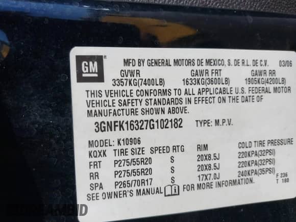 2007 Chevrolet Suburban LT z VIN 3GNFK16327G102182, wystawiony jako IAAI lot #43566070 z przebiegiem 199 182 mil mil oraz . Historia ofert i sprzedaży dostępna na DreamBid. Obrazek 9.