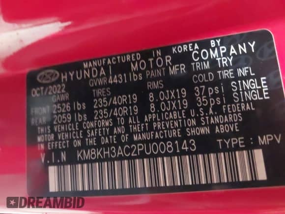 2023 Hyundai Kona with VIN KM8KH3AC2PU008143, listed as a IAAI auction lot 43424248 with 17,749 mi miles and . Bid and sale history available at DreamBid. Image 9.