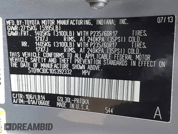 2013 Toyota Sienna XLE AAS with VIN 5TDYK3DC1DS392332, listed as a IAAI auction lot 40968544 with 129,081 mi miles and . Bid and sale history available at DreamBid. Image 9.