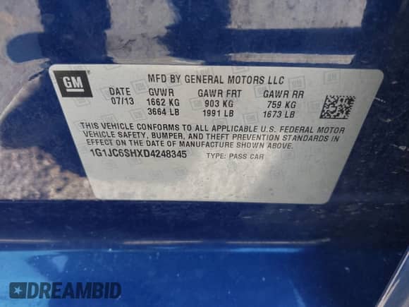 2013 Chevrolet Sonic LT with VIN 1G1JC6SHXD4248345, listed as a IAAI auction lot 42723072 with 128,100 mi miles and . Bid and sale history available at DreamBid. Image 9.