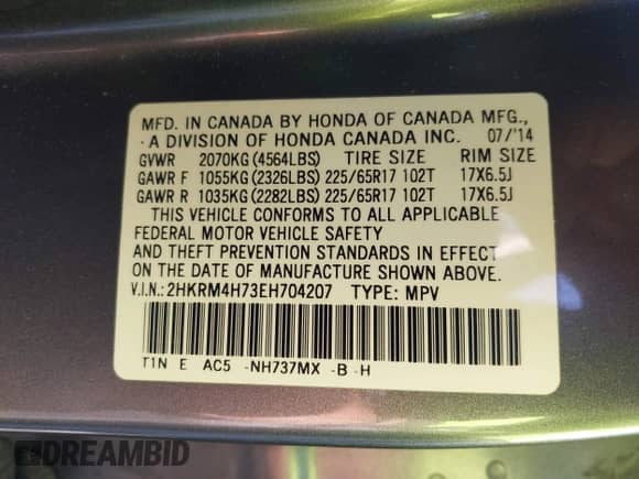 2014 Honda CR-V EX-L with VIN 2HKRM4H73EH704207, listed as a IAAI auction lot 43106801 with 132,005 mi miles and . Bid and sale history available at DreamBid. Image 9.
