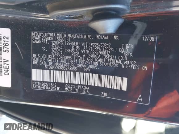 2009 Toyota Sienna XLE z VIN 5TDZK22C69S273555, wystawiony jako IAAI lot #41276221 z przebiegiem 129 160 mil mil oraz . Historia ofert i sprzedaży dostępna na DreamBid. Obrazek 9.