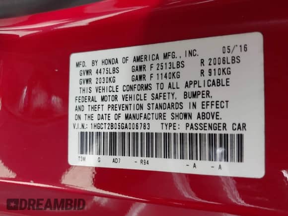 2016 Honda Accord Touring with VIN 1HGCT2B05GA006783, listed as a IAAI auction lot 42837088 with 52,640 mi miles and . Bid and sale history available at DreamBid. Image 9.