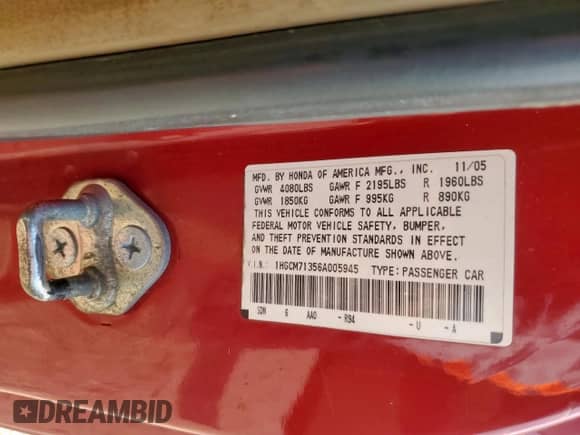 2006 Honda Accord LX с VIN 1HGCM71356A005945, выставлен на аукционе Copart как лот 84965785 с пробегом Не указан миль и Списание • Salvage title. История ставок и продаж доступна на DreamBid. Изображение 12.