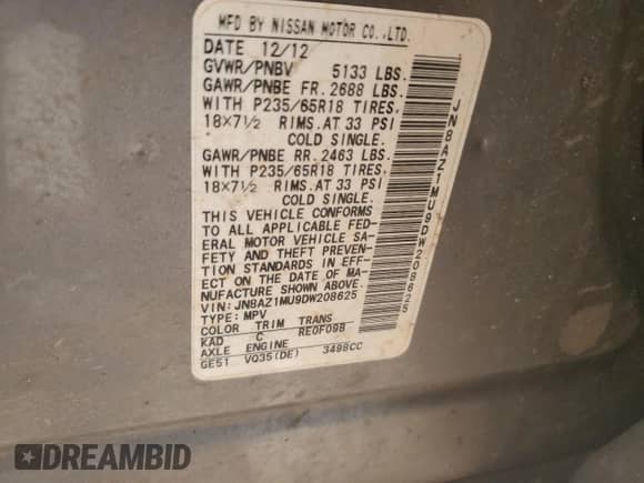 2013 Nissan Murano S с VIN JN8AZ1MU9DW208625, выставлен на аукционе Copart как лот 68353985 с пробегом 142 024 миль миль и Чистый • Clean title. История ставок и продаж доступна на DreamBid. Изображение 13.