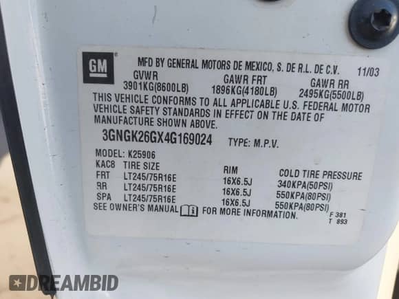 2004 Chevrolet Suburban LT with VIN 3GNGK26GX4G169024, listed as a IAAI auction lot 41112404 with 203,077 mi miles and . Bid and sale history available at DreamBid. Image 9.