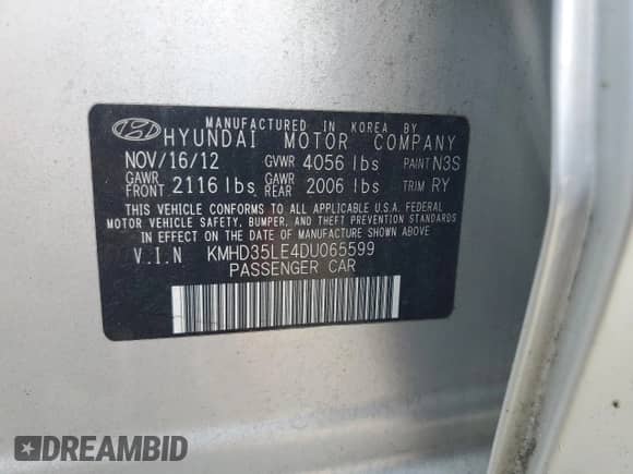 2013 Hyundai Elantra with VIN KMHD35LE4DU065599, listed as a Copart auction lot 85567085 with 195,667 mi miles and Salvage title. Bid and sale history available at DreamBid. Image 12.