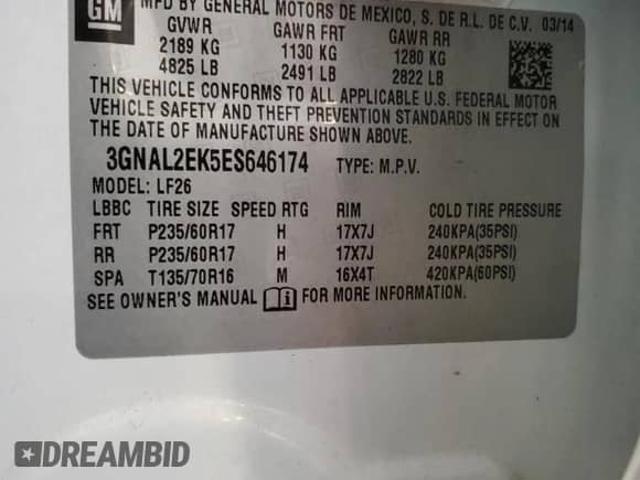 2014 Chevrolet Captiva Sport LS с VIN 3GNAL2EK5ES646174, выставлен на аукционе Copart как лот 73953124 с пробегом 147 446 миль миль и Списание • Salvage title. История ставок и продаж доступна на DreamBid. Изображение 15.