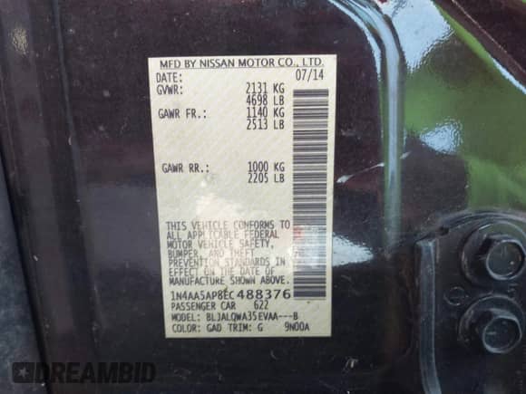 2014 Nissan Maxima SV z VIN 1N4AA5AP8EC488376, wystawiony jako IAAI lot #42691779 z przebiegiem 116 751 mil mil oraz . Historia ofert i sprzedaży dostępna na DreamBid. Obrazek 9.