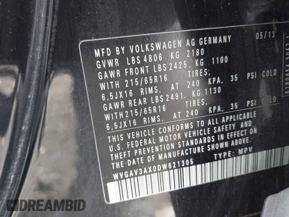 2013 Volkswagen Tiguan SE z VIN WVGAV3AX0DW621305, wystawiony jako IAAI lot #42249707 z przebiegiem 139 500 mil mil oraz . Historia ofert i sprzedaży dostępna na DreamBid. Obrazek 9.