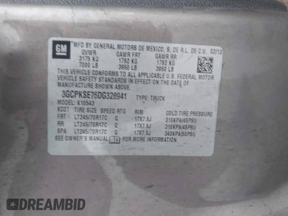 2013 Chevrolet Silverado 1500 LT with VIN 3GCPKSE76DG328941, listed as a IAAI auction lot 43486340 with 159,432 mi miles and . Bid and sale history available at DreamBid. Image 9.