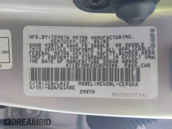 2002 Toyota Camry LE с VIN 4T1BF30K52U029205, выставлен на аукционе IAAI как лот 43397734 с пробегом 129 303 миль миль и . История ставок и продаж доступна на DreamBid. Изображение 9.