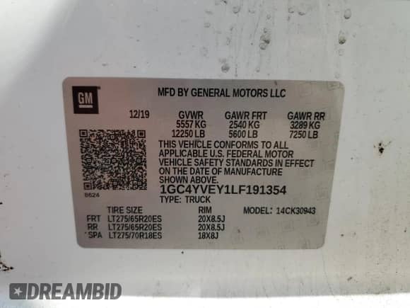 2020 Chevrolet Silverado 3500HD High Country with VIN 1GC4YVEY1LF191354, listed as a Copart auction lot 83936115 with 78,074 mi miles and Salvage title. Bid and sale history available at DreamBid. Image 12.