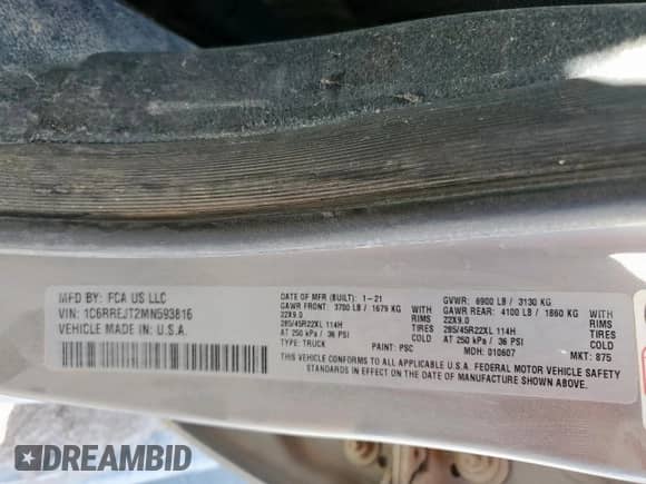 2021 Ram 1500 Laramie z VIN 1C6RREJT2MN593816, wystawiony jako Copart lot #62094565 z przebiegiem 59 825 mil mil oraz Szkoda całkowita • Salvage title. Historia ofert i sprzedaży dostępna na DreamBid. Obrazek 12.