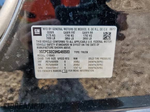 2017 Chevrolet Silverado 1500 LTZ with VIN 3GCPCSEC9HG480583, listed as a Copart auction lot 81073435 with Not provided miles and Salvage title. Bid and sale history available at DreamBid. Image 12.