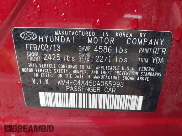 2013 Hyundai Sonata с VIN KMHEC4A45DA065993, выставлен на аукционе IAAI как лот 42664137 с пробегом 150 727 миль миль и . История ставок и продаж доступна на DreamBid. Изображение 9.