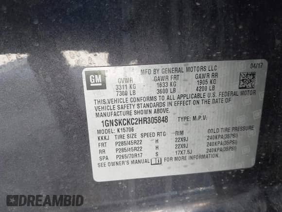 2017 Chevrolet Tahoe Premier with VIN 1GNSKCKC2HR305848, listed as a IAAI auction lot 42809925 with 105,623 mi miles and . Bid and sale history available at DreamBid. Image 9.
