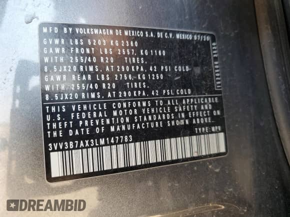 2020 Volkswagen Tiguan SE с VIN 3VV3B7AX3LM147783, выставлен на аукционе Copart как лот 67631005 с пробегом 45 920 миль миль и Списание • Salvage title. История ставок и продаж доступна на DreamBid. Изображение 13.