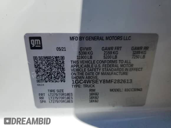2021 Chevrolet Silverado 3500 с VIN 1GC4WSEY8MF282613, выставлен на аукционе Copart как лот 72887144 с пробегом 39 229 миль миль и Списание • Salvage title. История ставок и продаж доступна на DreamBid. Изображение 12.