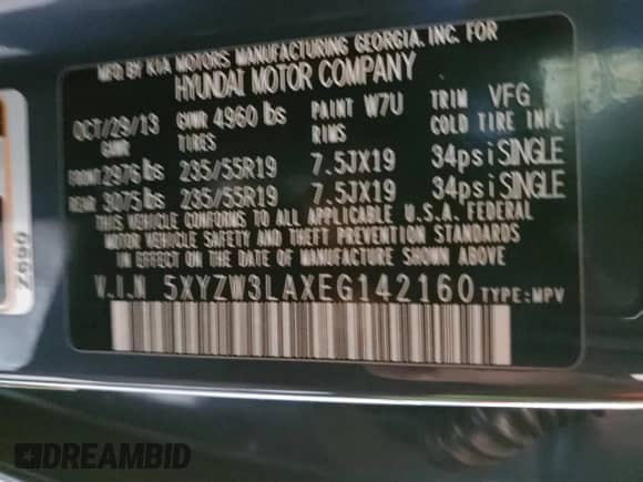 2014 Hyundai Santa Fe с VIN 5XYZW3LAXEG142160, выставлен на аукционе Copart как лот 49500135 с пробегом Не указан миль и Списание • Salvage title. История ставок и продаж доступна на DreamBid. Изображение 13.