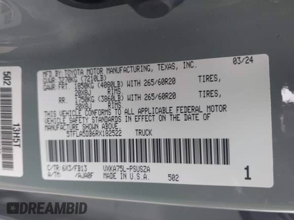 2024 Toyota Tundra SR5 с VIN 5TFLA5DB6RX182522, выставлен на аукционе IAAI как лот 43048617 с пробегом 17 236 миль миль и . История ставок и продаж доступна на DreamBid. Изображение 9.