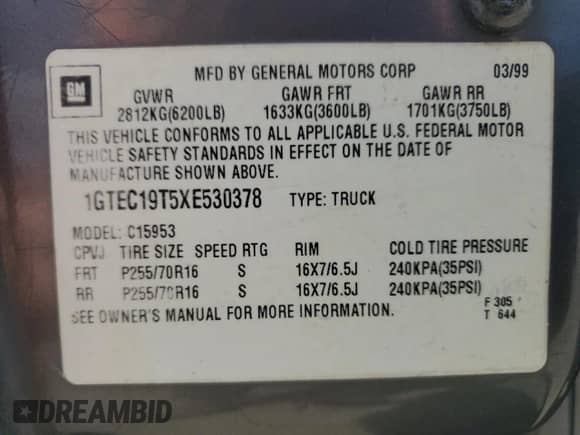 1999 GMC Sierra 1500 SLE с VIN 1GTEC19T5XE530378, выставлен на аукционе Copart как лот 72692654 с пробегом 470 532 миль миль и Чистый • Clean title. История ставок и продаж доступна на DreamBid. Изображение 12.