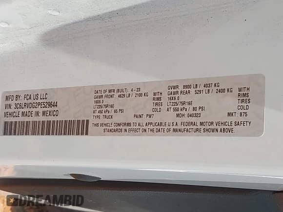 2023 Ram ProMaster Cargo с VIN 3C6LRVDG2PE529644, выставлен на аукционе IAAI как лот 42336408 с пробегом 108 631 миль миль и . История ставок и продаж доступна на DreamBid. Изображение 9.