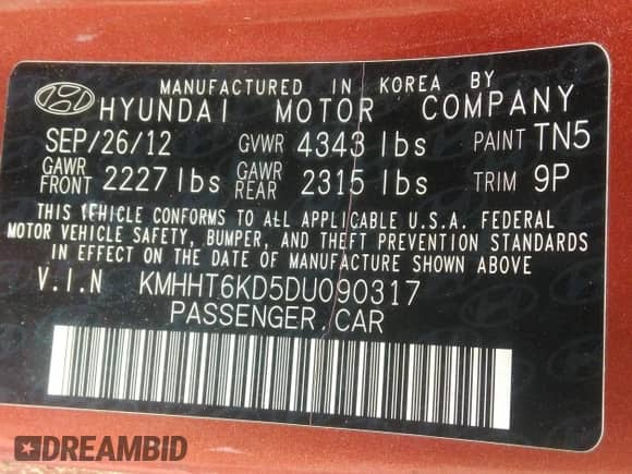 2013 Hyundai Genesis Coupe Premium with VIN KMHHT6KD5DU090317, listed as a IAAI auction lot 42353888 with 156,637 mi miles and . Bid and sale history available at DreamBid. Image 9.