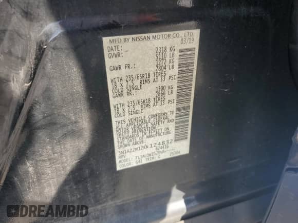 2019 Nissan Murano SV с VIN 5N1AZ2MJ2KN124832, выставлен на аукционе Copart как лот 71611675 с пробегом 87 846 миль миль и Списание • Salvage title. История ставок и продаж доступна на DreamBid. Изображение 13.