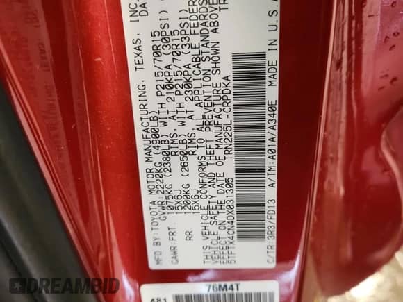 2013 Toyota Tacoma с VIN 5TFTX4CN4DX031305, выставлен на аукционе Copart как лот 71232675 с пробегом 184 220 миль миль и На запчасти • Non repairable. История ставок и продаж доступна на DreamBid. Изображение 12.