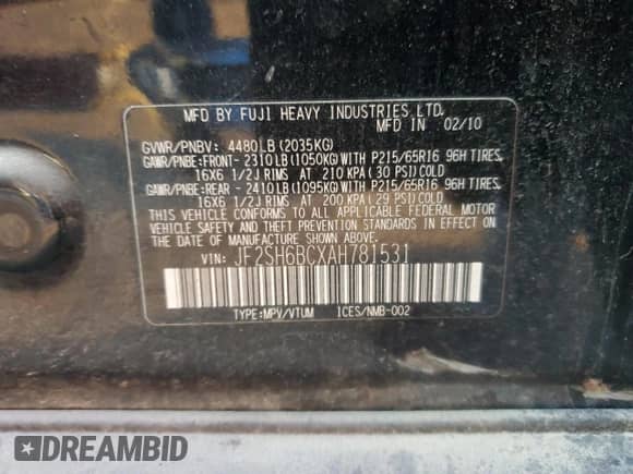 2010 Subaru Forester X with VIN JF2SH6BCXAH781531, listed as a Copart auction lot 82154365 with 154,536 mi miles and Salvage title. Bid and sale history available at DreamBid. Image 12.