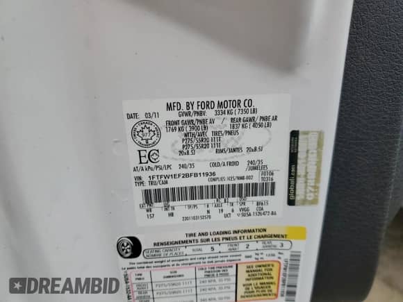 2011 Ford F-150 XL с VIN 1FTFW1EF2BFB11936, выставлен на аукционе Copart как лот 69105335 с пробегом 166 998 миль миль и Чистый • Clean title. История ставок и продаж доступна на DreamBid. Изображение 12.