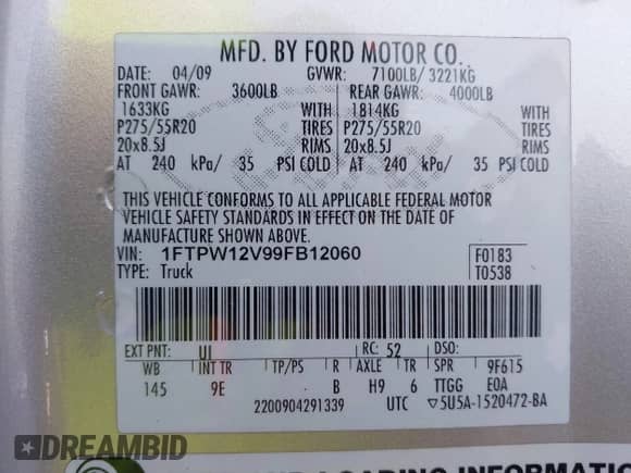 2009 Ford F-150 XL с VIN 1FTPW12V99FB12060, выставлен на аукционе IAAI как лот 43346015 с пробегом 216 622 миль миль и . История ставок и продаж доступна на DreamBid. Изображение 9.