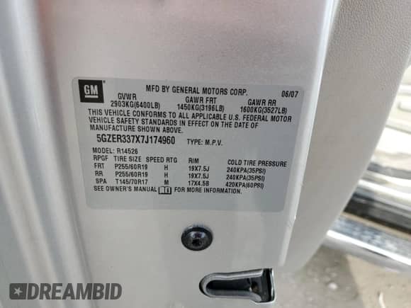 2007 Saturn Outlook XR with VIN 5GZER337X7J174960, listed as a Copart auction lot 43210325 with 170,782 mi miles and Salvage title. Bid and sale history available at DreamBid. Image 14.