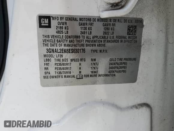 2014 Chevrolet Captiva Sport LS with VIN 3GNAL2EK6ES630176, listed as a Copart auction lot 73801784 with 99,567 mi miles and Salvage title. Bid and sale history available at DreamBid. Image 14.