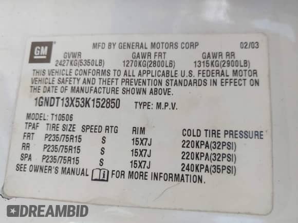 2003 Chevrolet Blazer LS с VIN 1GNDT13X53K152850, выставлен на аукционе IAAI как лот 41982795 с пробегом 261 155 миль миль и . История ставок и продаж доступна на DreamBid. Изображение 9.