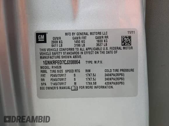 2012 Chevrolet Traverse LS with VIN 1GNKRFED7CJ208864, listed as a Copart auction lot 83832215 with 176,623 mi miles and Salvage title. Bid and sale history available at DreamBid. Image 13.