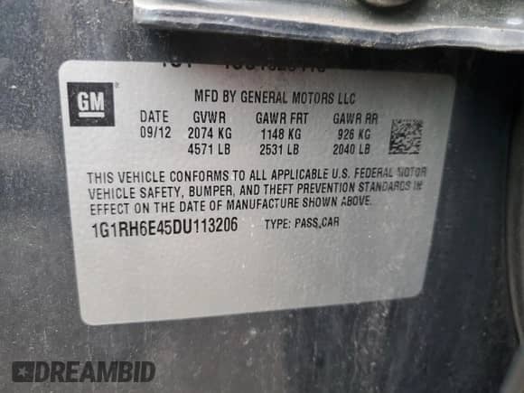 2013 Chevrolet Volt with VIN 1G1RH6E45DU113206, listed as a Copart auction lot 85418355 with 142,148 mi miles and Clean title. Bid and sale history available at DreamBid. Image 12.