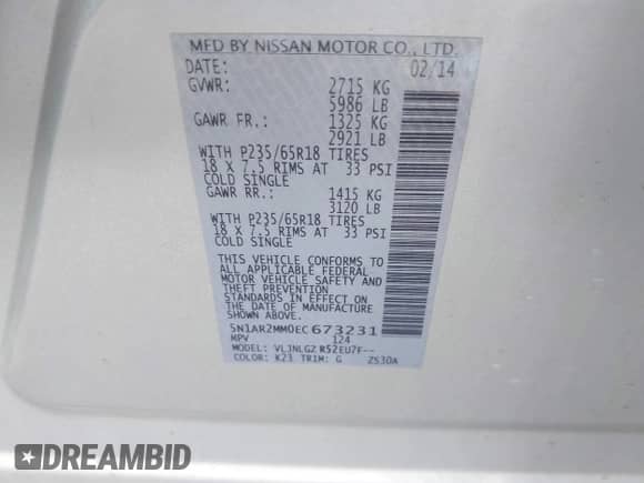 2014 Nissan Pathfinder SL with VIN 5N1AR2MM0EC673231, listed as a IAAI auction lot 42482133 with 168,630 mi miles and . Bid and sale history available at DreamBid. Image 9.